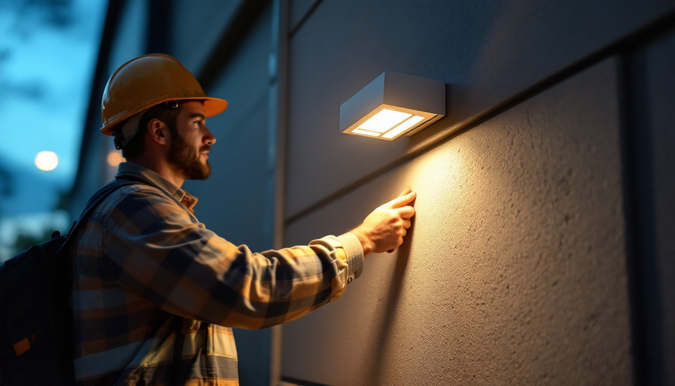 A photograph of a lighting contractor inspecting or installing wallpack lights on a commercial building
