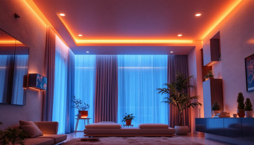 A photograph of a beautifully designed room featuring modern recessed lighting