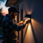 A photograph of a skilled lighting contractor installing or adjusting stylish outdoor wall-mounted led lights on a modern home facade during twilight