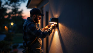 A photograph of a skilled lighting contractor installing or adjusting stylish outdoor wall-mounted led lights on a modern home facade during twilight