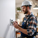 A photograph of a lighting contractor installing a dryer receptacle in a residential setting