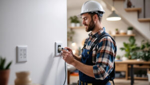 A photograph of a lighting contractor installing a dryer receptacle in a residential setting