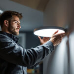 A photograph of a lighting contractor skillfully installing or adjusting a sleek led wafer light in a modern interior setting