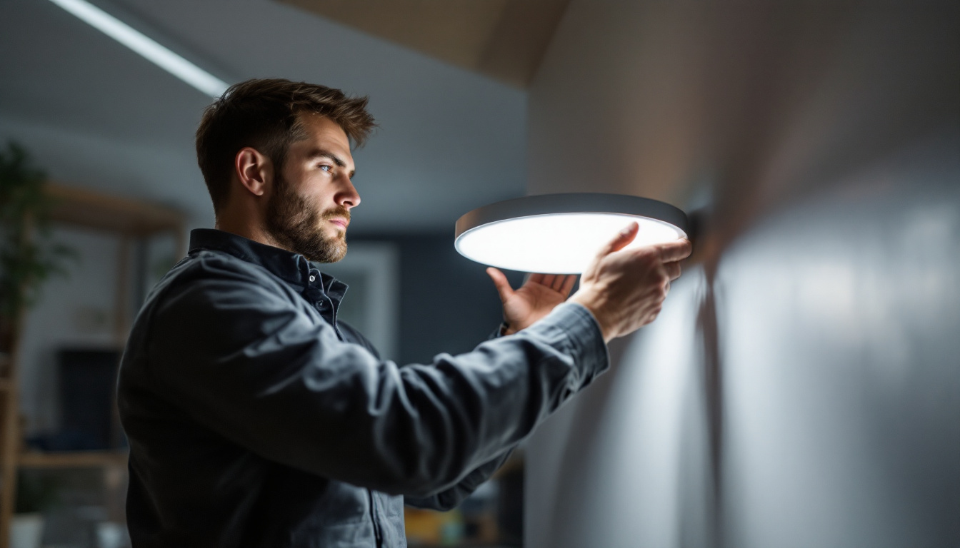 A photograph of a lighting contractor skillfully installing or adjusting a sleek led wafer light in a modern interior setting