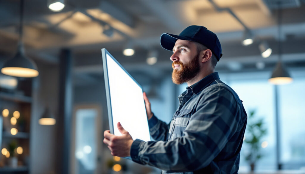 A photograph of a lighting contractor installing or showcasing a sleek led panel in a modern commercial space