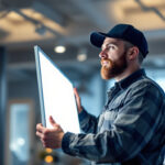 A photograph of a lighting contractor installing or showcasing a sleek led panel in a modern commercial space