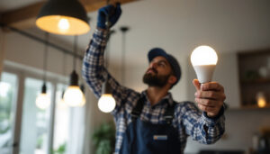 A photograph of a lighting contractor installing or showcasing type b light bulbs in a residential or commercial setting
