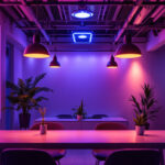 A photograph of a modern lighting installation in an innovative space