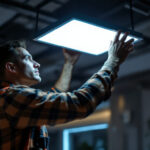 A photograph of a lighting contractor installing or adjusting a modern troffer light fixture in a commercial space