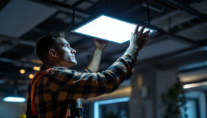 A photograph of a lighting contractor installing or adjusting a modern troffer light fixture in a commercial space