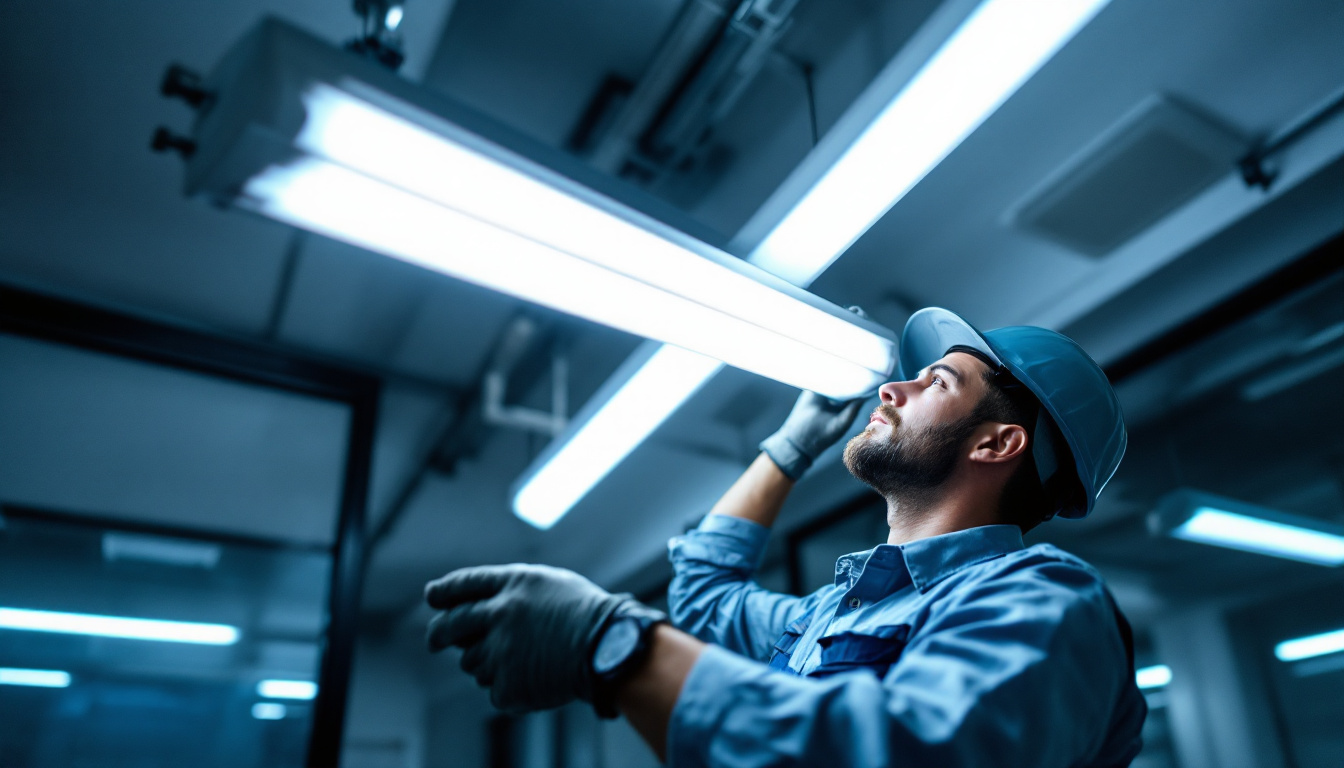 A photograph of a lighting contractor expertly replacing a fluorescent tube with an led equivalent in a commercial setting