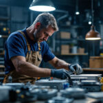 A photograph of a lighting contractor working with various types of ballasts in a well-lit workshop