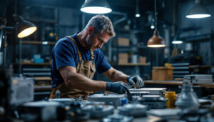 A photograph of a lighting contractor working with various types of ballasts in a well-lit workshop