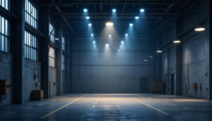 A photograph of a well-lit industrial space featuring led low bay lights