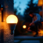 A photograph of a solar bulb illuminated at dusk