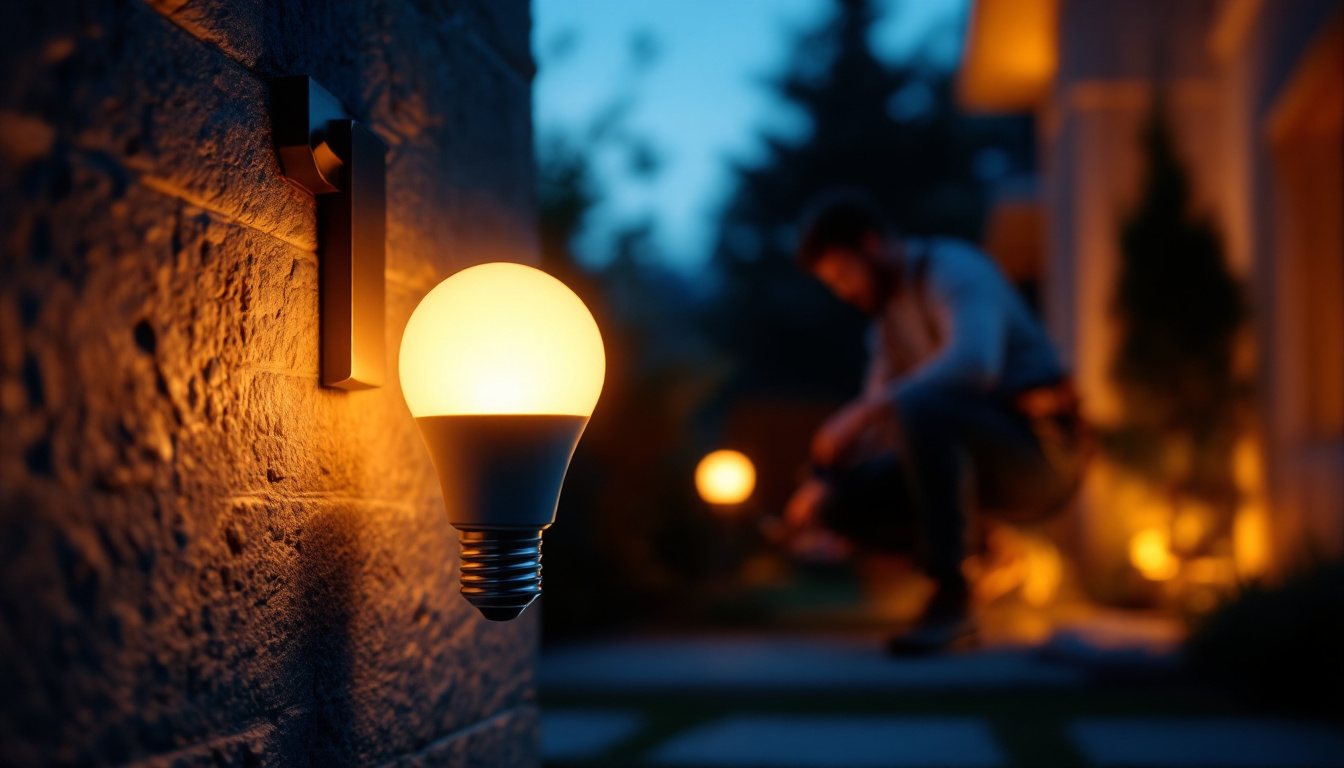 A photograph of a solar bulb illuminated at dusk
