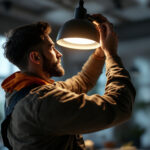 A photograph of a skilled lighting contractor expertly installing or adjusting a modern hi-hat light fixture in a stylish interior setting
