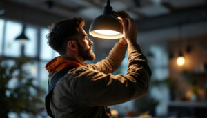 A photograph of a skilled lighting contractor expertly installing or adjusting a modern hi-hat light fixture in a stylish interior setting