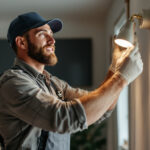 A photograph of a skilled lighting contractor expertly installing retrofit can lights in a stylish