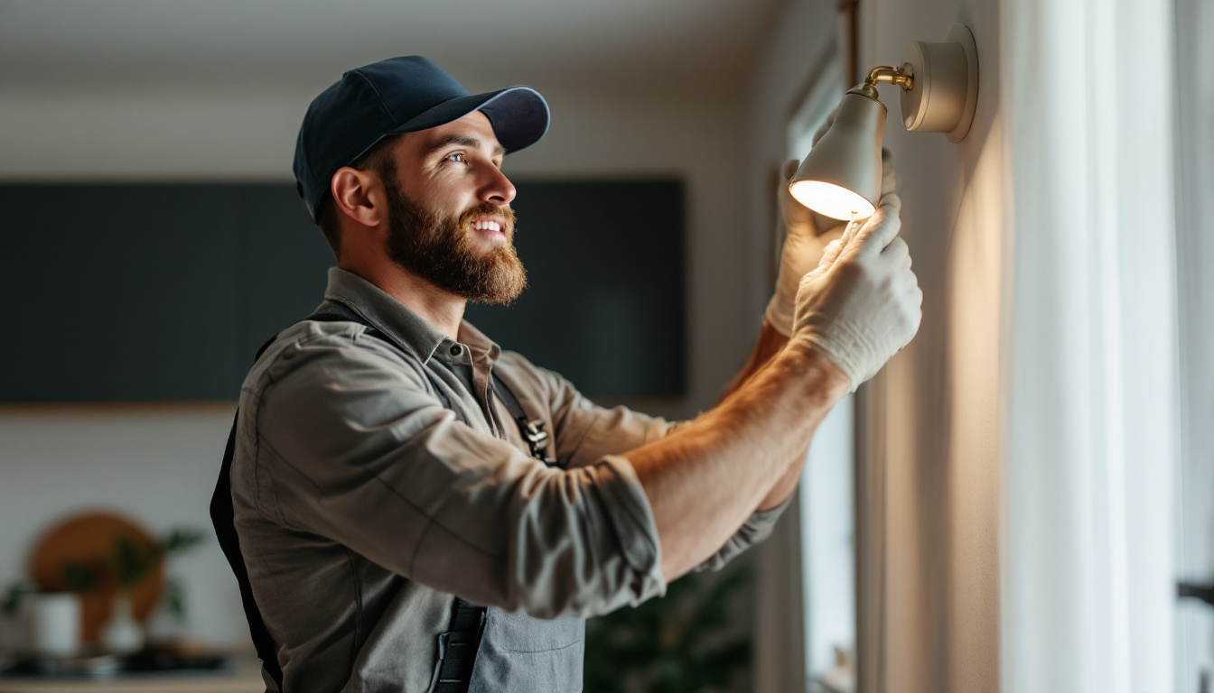 A photograph of a skilled lighting contractor expertly installing retrofit can lights in a stylish