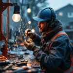 A photograph of a lighting contractor expertly installing water-resistant wire connectors in a wet outdoor environment