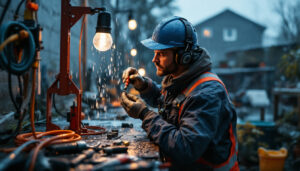 A photograph of a lighting contractor expertly installing water-resistant wire connectors in a wet outdoor environment