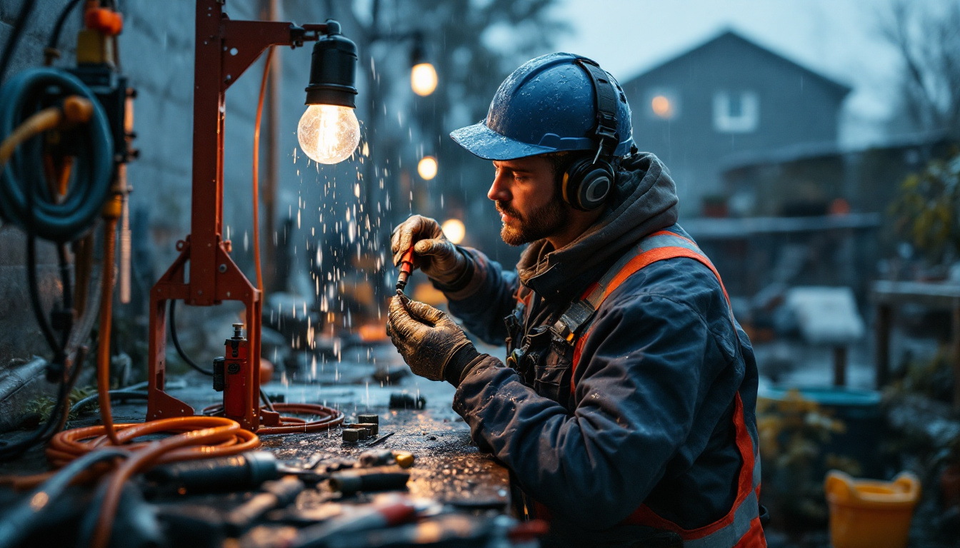 A photograph of a lighting contractor expertly installing water-resistant wire connectors in a wet outdoor environment