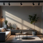 A photograph of a stylishly designed room featuring modern track lighting kits in action
