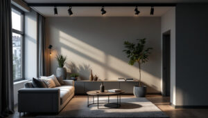 A photograph of a stylishly designed room featuring modern track lighting kits in action