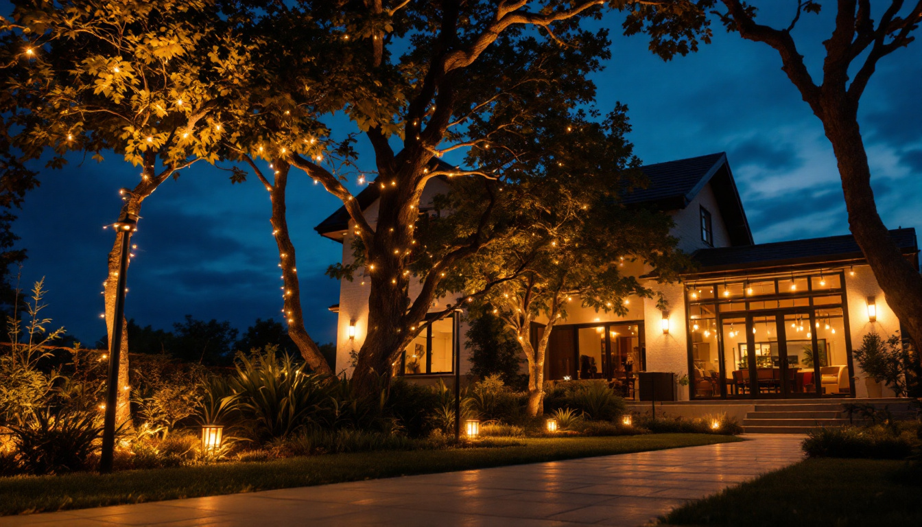 A photograph of a beautifully illuminated outdoor space at dusk