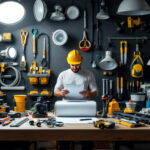A photograph of a well-organized workspace featuring various lighting tools and equipment