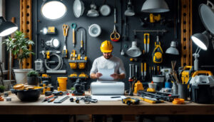 A photograph of a well-organized workspace featuring various lighting tools and equipment
