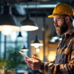 A photograph of a skilled lighting contractor examining various light fixtures in a well-lit space