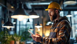 A photograph of a skilled lighting contractor examining various light fixtures in a well-lit space