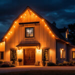 A photograph of a beautifully illuminated barn exterior at dusk