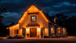 A photograph of a beautifully illuminated barn exterior at dusk