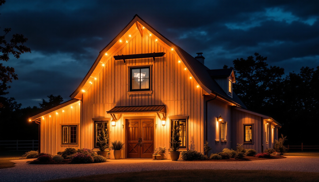 A photograph of a beautifully illuminated barn exterior at dusk