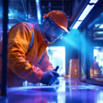 A photograph of a lighting contractor using a uv light in a commercial setting