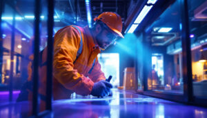A photograph of a lighting contractor using a uv light in a commercial setting
