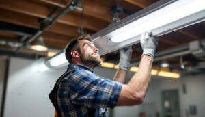 A photograph of a lighting contractor installing or adjusting a 4 ft fluorescent light fixture in a commercial or residential setting