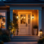 A photograph of a beautifully illuminated front door entrance featuring stylish outdoor lighting fixtures