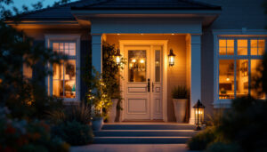 A photograph of a beautifully illuminated front door entrance featuring stylish outdoor lighting fixtures
