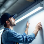 A photograph of a lighting contractor installing a sleek