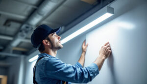 A photograph of a lighting contractor installing a sleek