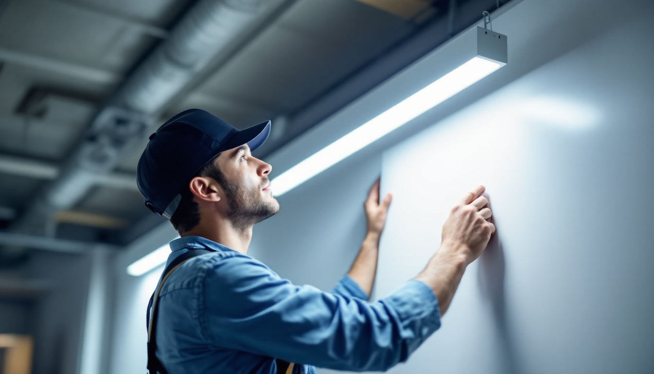 A photograph of a lighting contractor installing a sleek