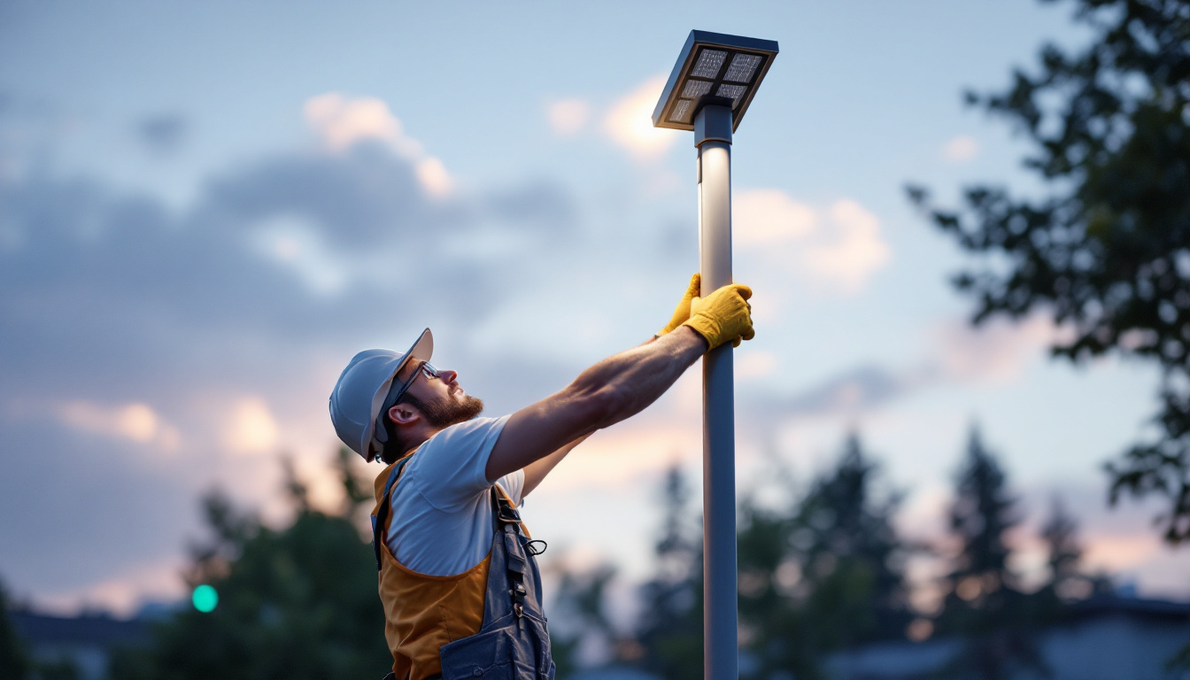 A photograph of a lighting contractor expertly installing a sleek solar pole lamp in an outdoor setting