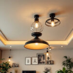 A photograph of a stylish living room ceiling featuring a variety of modern light fixtures