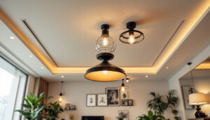 A photograph of a stylish living room ceiling featuring a variety of modern light fixtures