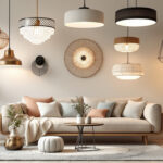 A photograph of a beautifully arranged display of various ceiling lights in a stylish home setting