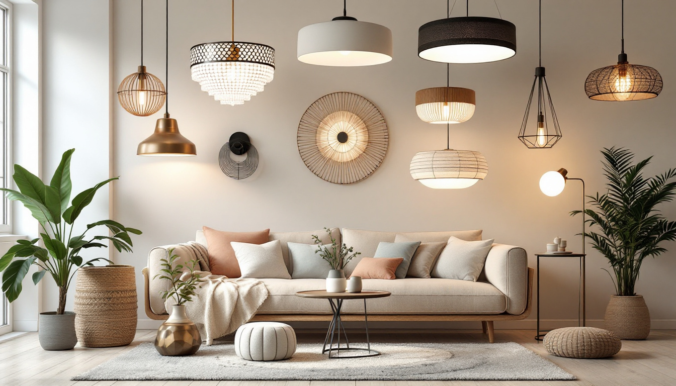A photograph of a beautifully arranged display of various ceiling lights in a stylish home setting